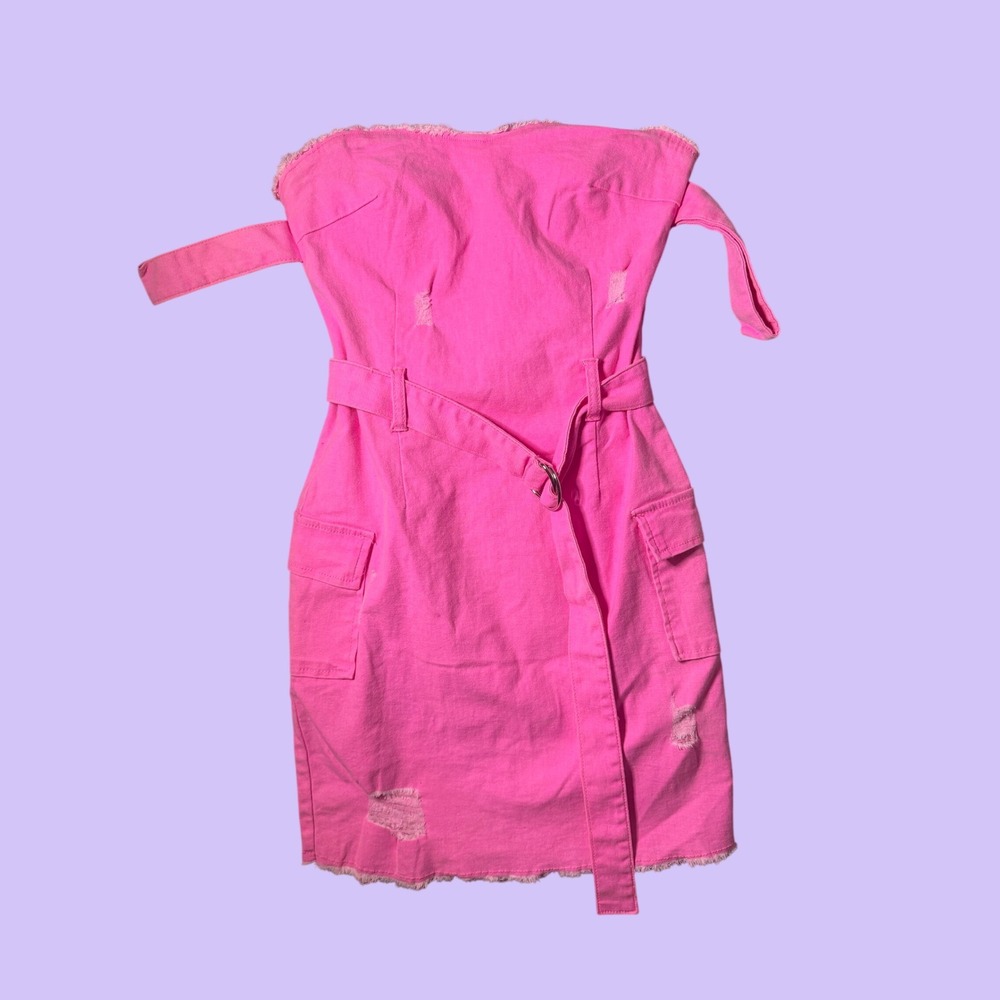 Womens Hot Pink Boutique Denim Cargo Dress Strapless Mini Belted L Retro Styled